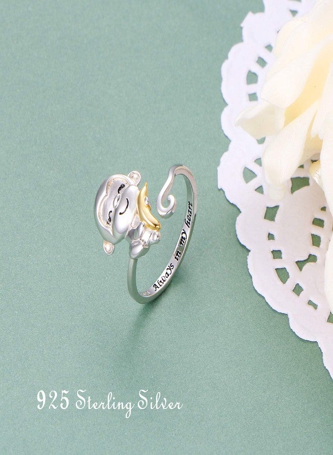 FLYOW 925 Sterling Silver Always in My Heart Cute Animal Monkey with Banana Adjustable Ring Birthday Jewelry for Women Monkey Lovers, Size 9 - Image 2