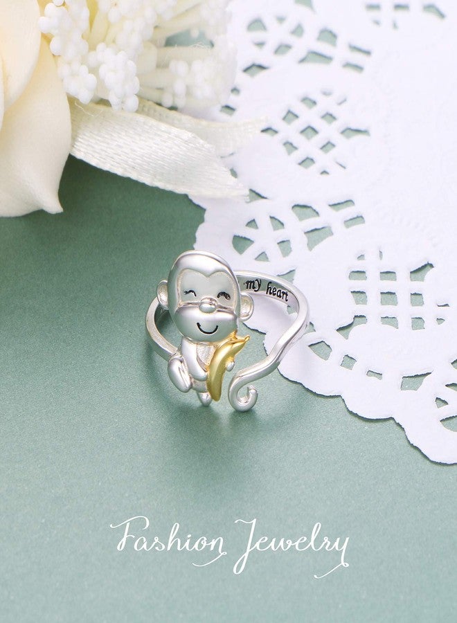 FLYOW 925 Sterling Silver Always in My Heart Cute Animal Monkey with Banana Adjustable Ring Birthday Jewelry for Women Monkey Lovers, Size 9 - Image 3