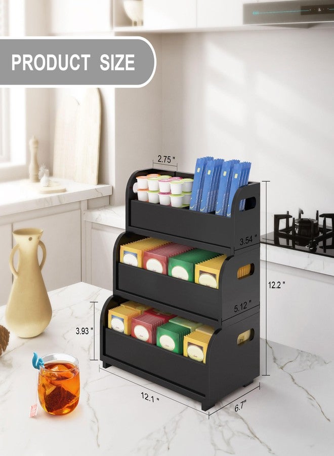 Wisuce Tea Holder for Tea Bags Organizer - Black Bamboo Tea Organizer for Tea Bags 3-Tier Stackable Wall Mount Large Capacity Tea Storage Box to Pantry Countertop Kitchen Office - Image 2