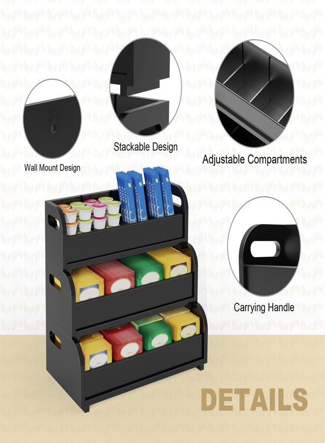 Wisuce Tea Holder for Tea Bags Organizer - Black Bamboo Tea Organizer for Tea Bags 3-Tier Stackable Wall Mount Large Capacity Tea Storage Box to Pantry Countertop Kitchen Office - Image 5