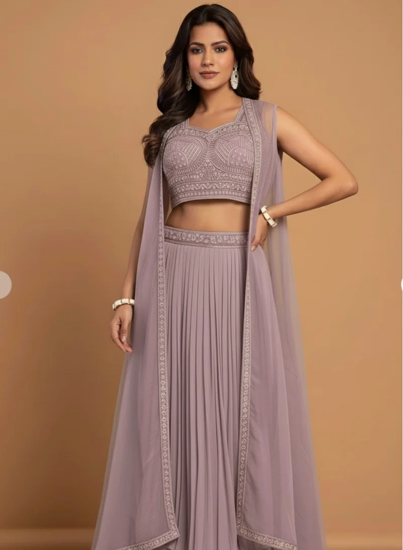 Purple Embroidered Crop Top Lehenga Set with Sheer Cape Dupatta