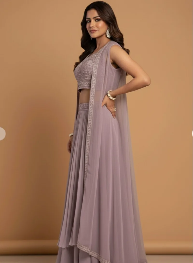 Lehar Purple Embroidered Crop Top Lehenga Set with Sheer Cape Dupatta