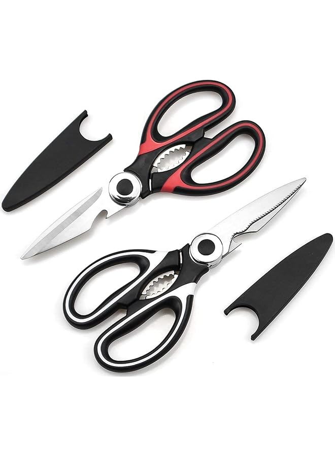 KASTWAVE Kitchen Scissors, Sharp Heavy Duty Kitchen Scissors Multi Purpose Stainless Steel Kitchen Scissors With Cover For Chicken Bones Fish Vegetables Bbq Bones Flowers Nuts, Bottle Opener (2 Pcs Black/Red) - Image 1