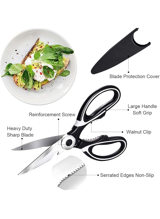 KASTWAVE Kitchen Scissors, Sharp Heavy Duty Kitchen Scissors Multi Purpose Stainless Steel Kitchen Scissors With Cover For Chicken Bones Fish Vegetables Bbq Bones Flowers Nuts, Bottle Opener (2 Pcs Black/Red) - Image 2