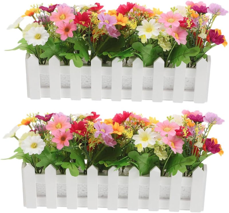 Artificial Chamomile Fence Plant Basket, 2pcs Potted Fake Flowers with Mixed Colors, Plastic Greenery Pot for Indoor Outdoor Garden Porch Wedding Décor Random Color - Image 1