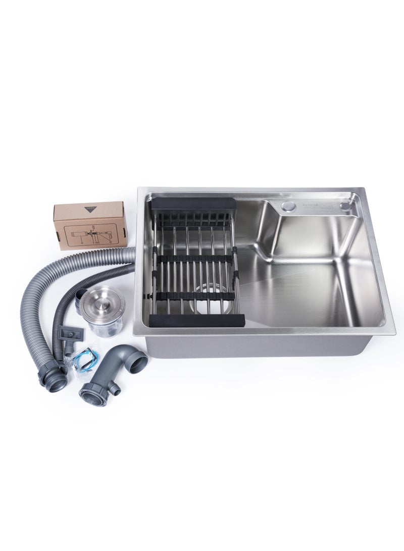 ODONAO Premium Stainless Steel Kitchen Sink, 58x43x22 cm, Chrome Finish, Durable Single Bowl, Modern Design - Image 1