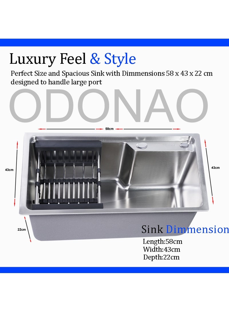 ODONAO Premium Stainless Steel Kitchen Sink, 58x43x22 cm, Chrome Finish, Durable Single Bowl, Modern Design - Image 2