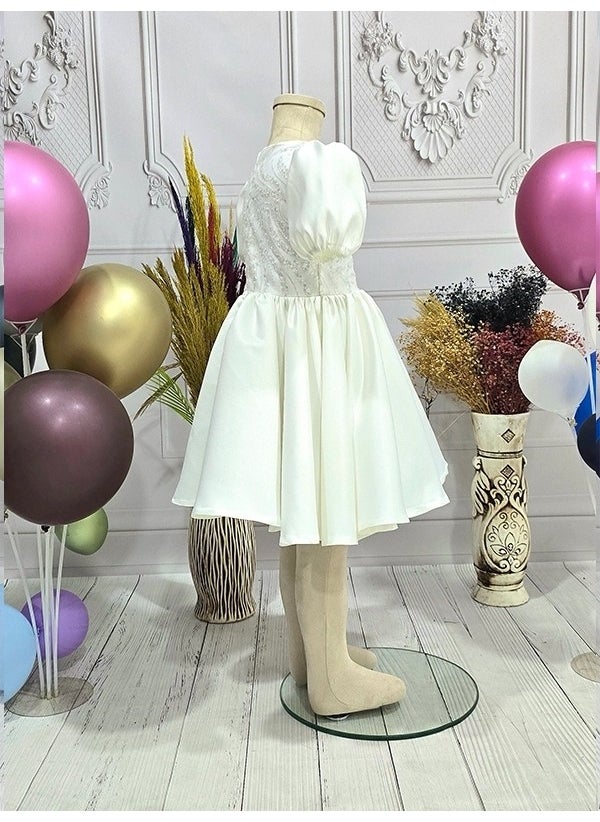 Ellussi - Girls Cream Glitter Pattern Short Balloon Sleeve Embroidered Dress Evening Dress - Image 1