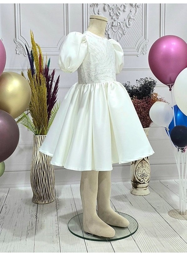 Ellussi - Girls Cream Glitter Pattern Short Balloon Sleeve Embroidered Dress Evening Dress - Image 1