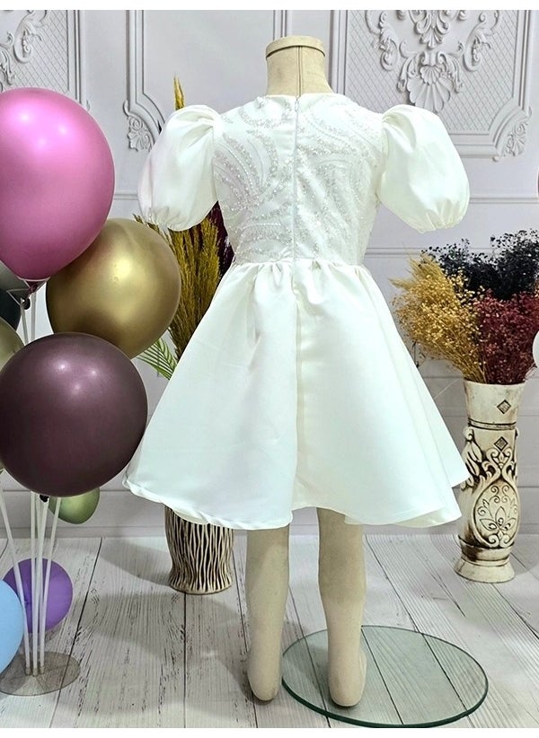 Ellussi - Girls Cream Glitter Pattern Short Balloon Sleeve Embroidered Dress Evening Dress - Image 1