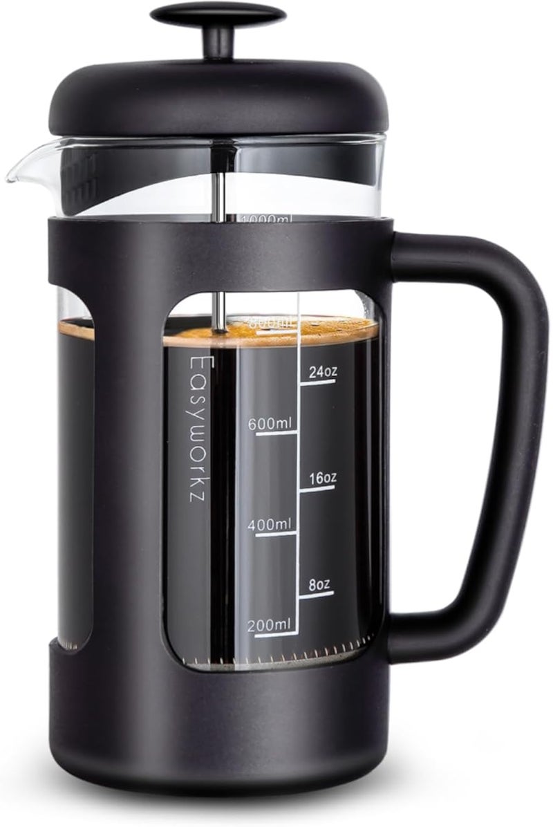 ماكينة تحضير القهوة والشاي الفرنسية من إيزي ووركس، سعة 1000 مل، مصنوعة من زجاج البوروسيليكات، بمقبض مريح.