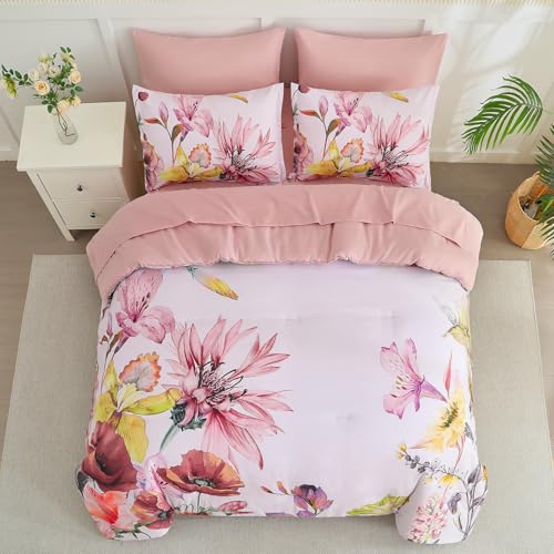 Yogeneg King Size Comforter Set 7 Piece Bed in a Bag,Elegant Floral Botanical Pattern Pink Bedding Set,Soft Microfiber Comforter with Sheet Set,All Season Bed Set(Blush Floral,King) - Image 3