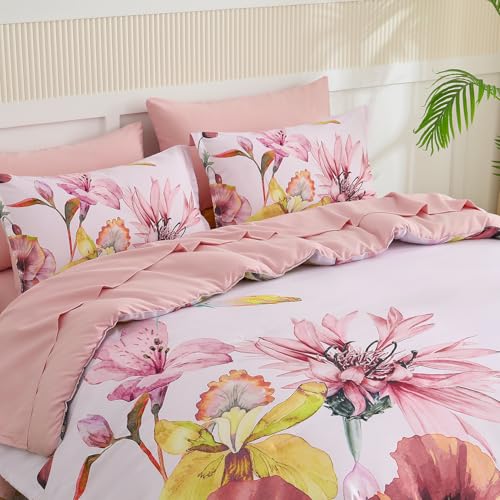 Yogeneg King Size Comforter Set 7 Piece Bed in a Bag,Elegant Floral Botanical Pattern Pink Bedding Set,Soft Microfiber Comforter with Sheet Set,All Season Bed Set(Blush Floral,King) - Image 2
