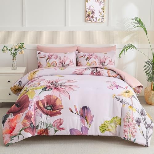 Yogeneg King Size Comforter Set 7 Piece Bed in a Bag,Elegant Floral Botanical Pattern Pink Bedding Set,Soft Microfiber Comforter with Sheet Set,All Season Bed Set(Blush Floral,King) - Image 1