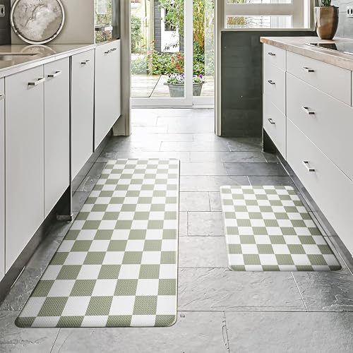 VivaNest Sage Green Checkered Grid Checkerboard Kitchen Rug Sets [2 PCs], Anti-Fatigue, Waterproof Non-Slip Kitchen Mats Heavy Duty Comfort Foam Rug for Kitchen, Floor, Home,Laundry,17"x29"+17"x47" - Image 2