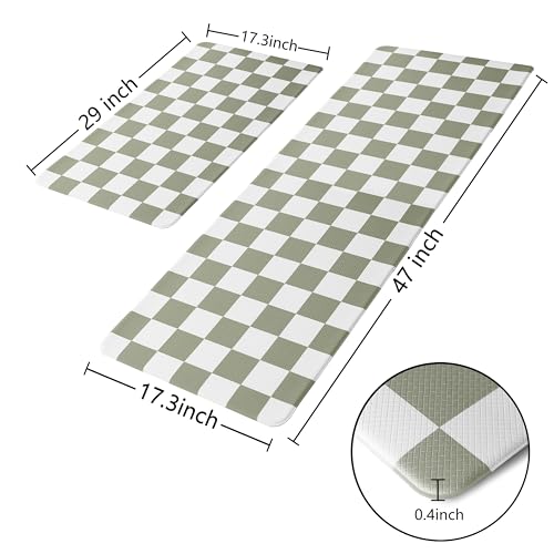 VivaNest Sage Green Checkered Grid Checkerboard Kitchen Rug Sets [2 PCs], Anti-Fatigue, Waterproof Non-Slip Kitchen Mats Heavy Duty Comfort Foam Rug for Kitchen, Floor, Home,Laundry,17"x29"+17"x47" - Image 4