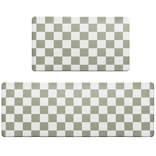 VivaNest Sage Green Checkered Grid Checkerboard Kitchen Rug Sets [2 PCs], Anti-Fatigue, Waterproof Non-Slip Kitchen Mats Heavy Duty Comfort Foam Rug for Kitchen, Floor, Home,Laundry,17"x29"+17"x47" - Image 3