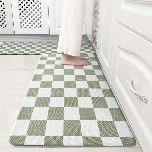 VivaNest Sage Green Checkered Grid Checkerboard Kitchen Rug Sets [2 PCs], Anti-Fatigue, Waterproof Non-Slip Kitchen Mats Heavy Duty Comfort Foam Rug for Kitchen, Floor, Home,Laundry,17"x29"+17"x47" - Image 1