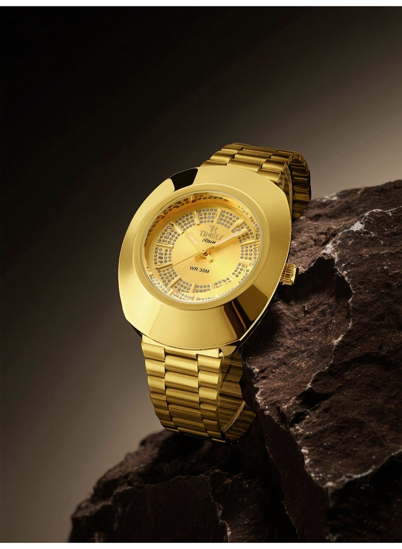 TR TIMELY RAIN Men's Quartz Classic Wrist Watch Folding Clasp Gold Stainless Steel Gold Dial - Image 4