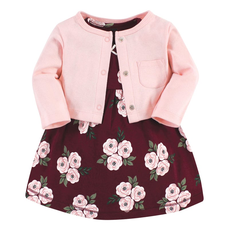 hudson baby Hudson Baby Baby Girls Cotton Dress and Cardigan Set Burgundy Floral 36 Months