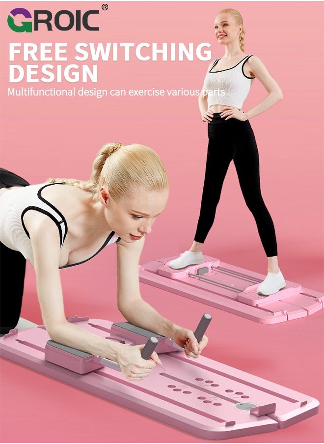 Pilates Reformer Machine, Pilates Board, Multifunctional Abdominal Board with Resistance Band, Push up, Ab Machine, Core Trainer, Ski Machine, Ab Workout Equipment for Home (Pink)