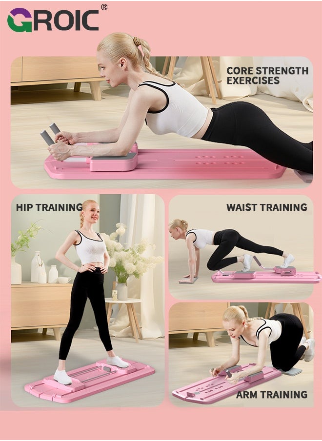 Pilates Reformer Machine, Pilates Board, Multifunctional Abdominal Board with Resistance Band, Push up, Ab Machine, Core Trainer, Ski Machine, Ab Workout Equipment for Home (Pink)