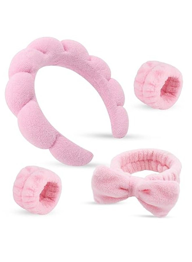 Puffy Face Wash Wristband Hair Band Set For Makeup, Towel Headband For Skin Care, Sponge Makeup Hair Band For Girls, Women Spa Headband And Skin Care Headband 4pcs - Image 1