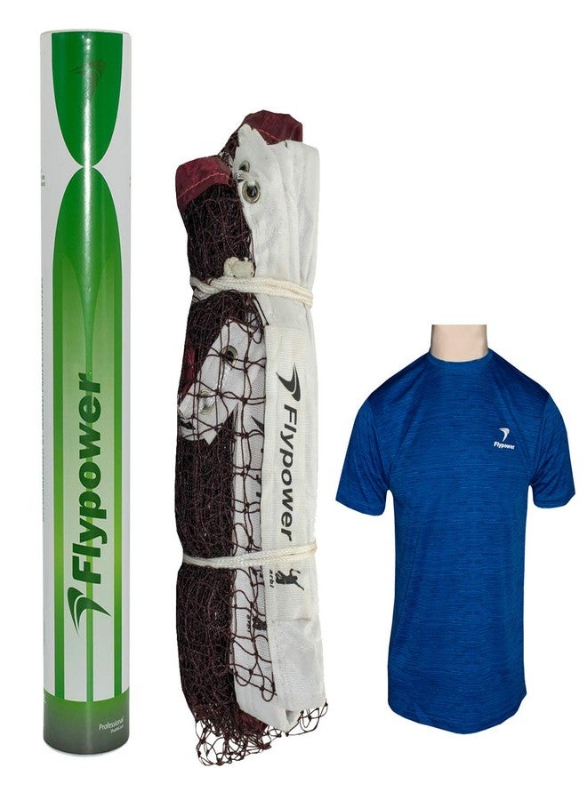 FLYPOWER Badminton Feather Shuttle Cock Green with NET 850 MEHROON and T-Shirt R-Neck Blue Size M - Image 2