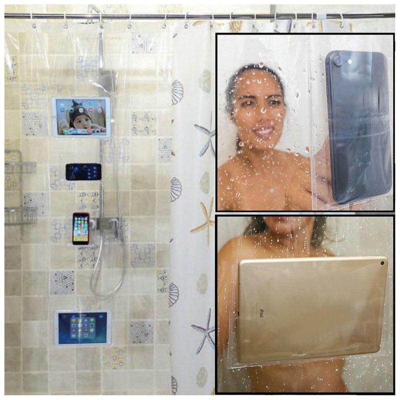 Fangkun iPad Mount Clear Shower Curtain Liner  4 Touchsensative Pockets  BathShower Organizer  Bathroom Storage Bag 32 x 72 inches