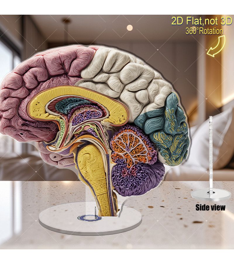 نموذج الدماغ البشري الأكريليكي المسطح ثنائي الأبعاد الدوار بقاعدة دوارة 360 درجة مع مخطط تشريح الدماغ المُسمى، مخصص لتعليم علم الأعصاب في الفصول الدراسية والتعليم المنزلي، نموذج يوضح القشرة الدماغية، جذع الدماغ، والمخيخ. - Image 2