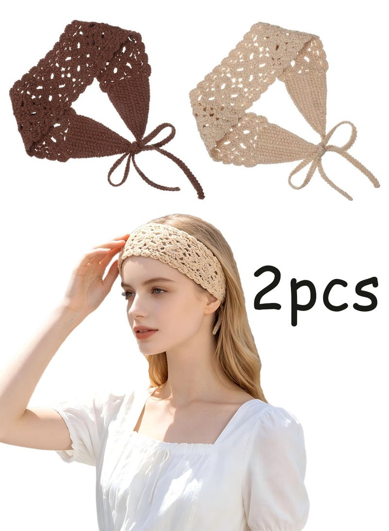 2 PCS Boho Floral Crochet Knit Headbands For Women Girls, Vintage Soft Hair Wrap Bandana Kerchief, Elastic Fashion Hair Accessories For Daily Outfit - Image 1