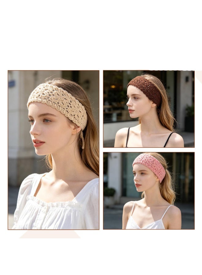 2 PCS Boho Floral Crochet Knit Headbands For Women Girls, Vintage Soft Hair Wrap Bandana Kerchief, Elastic Fashion Hair Accessories For Daily Outfit - Image 4
