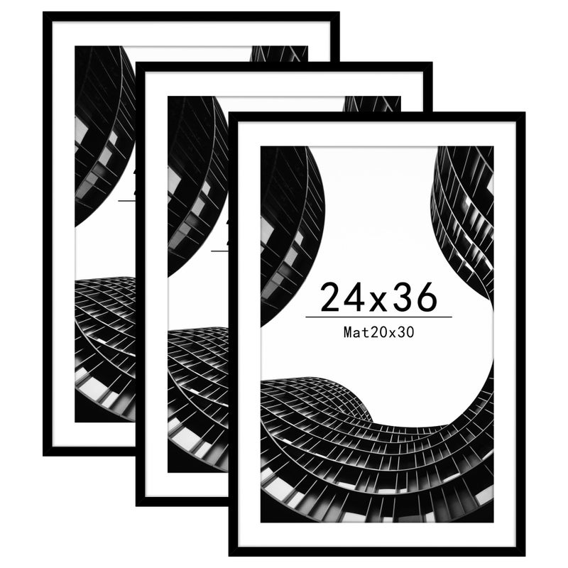 Abtgt 24x36 Poster Frame Set of 3 Display Pictures 20 x 30 with Mat or 24 x 36 Without Mat Picture Frame for Wall Mounting Display Black