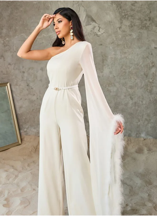 ستايلي Faux Fur Trim One Shoulder Sleeves Wide Leg Jumpsuit