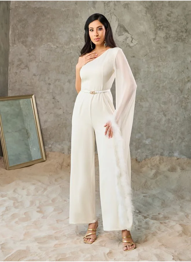 Styli Faux Fur Trim One Shoulder Sleeves Wide Leg Jumpsuit