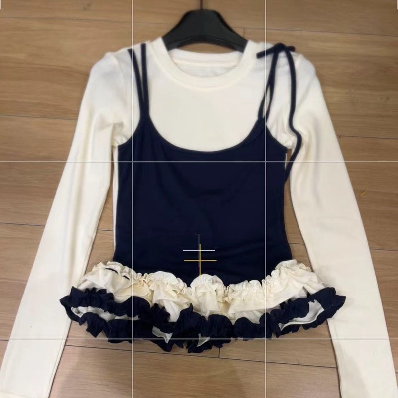 Super-Feel Model Cotton Fake Two-Piece Strap Stitching Contrast Color Fake Two-Piece Slim Outer Wear Korean Style Base Top - Image 2