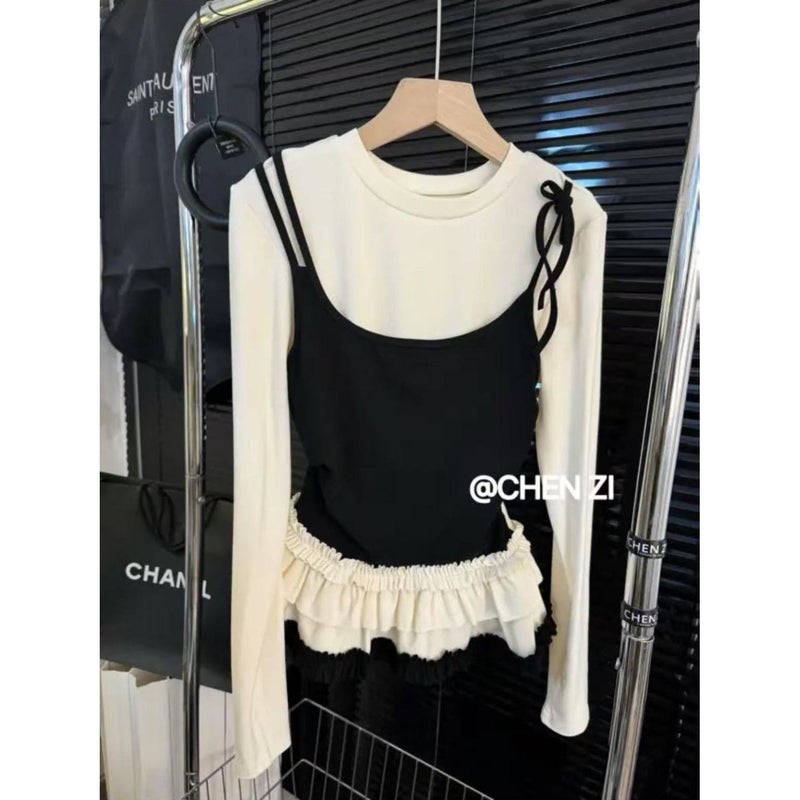 Super-Feel Model Cotton Fake Two-Piece Strap Stitching Contrast Color Fake Two-Piece Slim Outer Wear Korean Style Base Top - Image 3