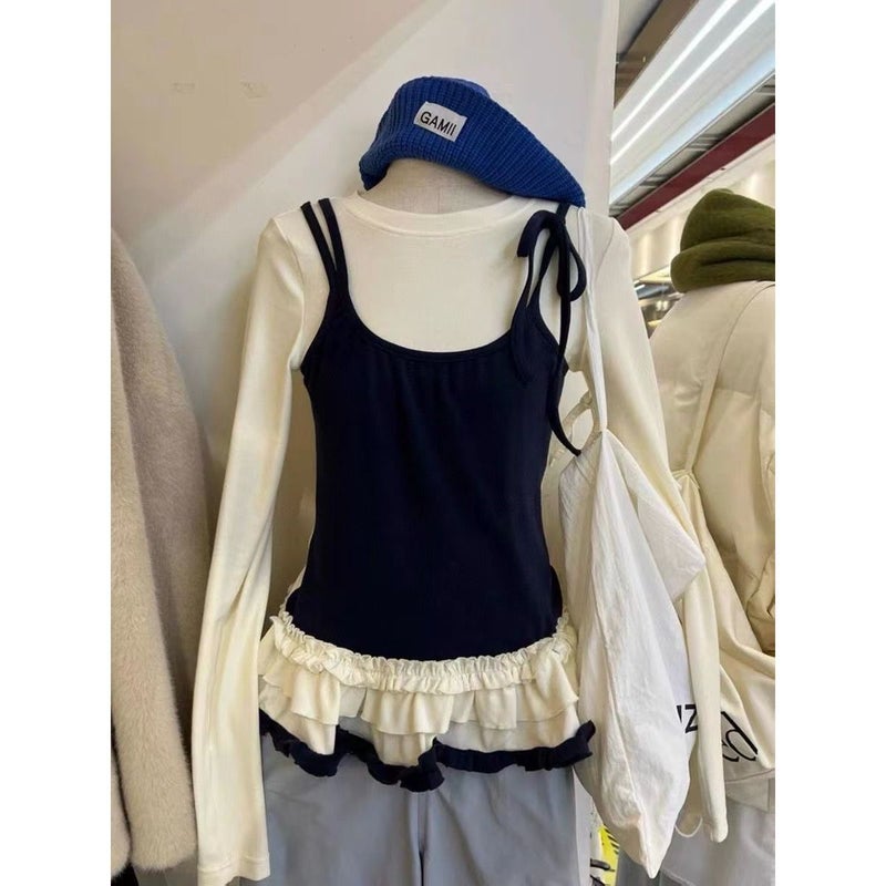Super-Feel Model Cotton Fake Two-Piece Strap Stitching Contrast Color Fake Two-Piece Slim Outer Wear Korean Style Base Top - Image 4