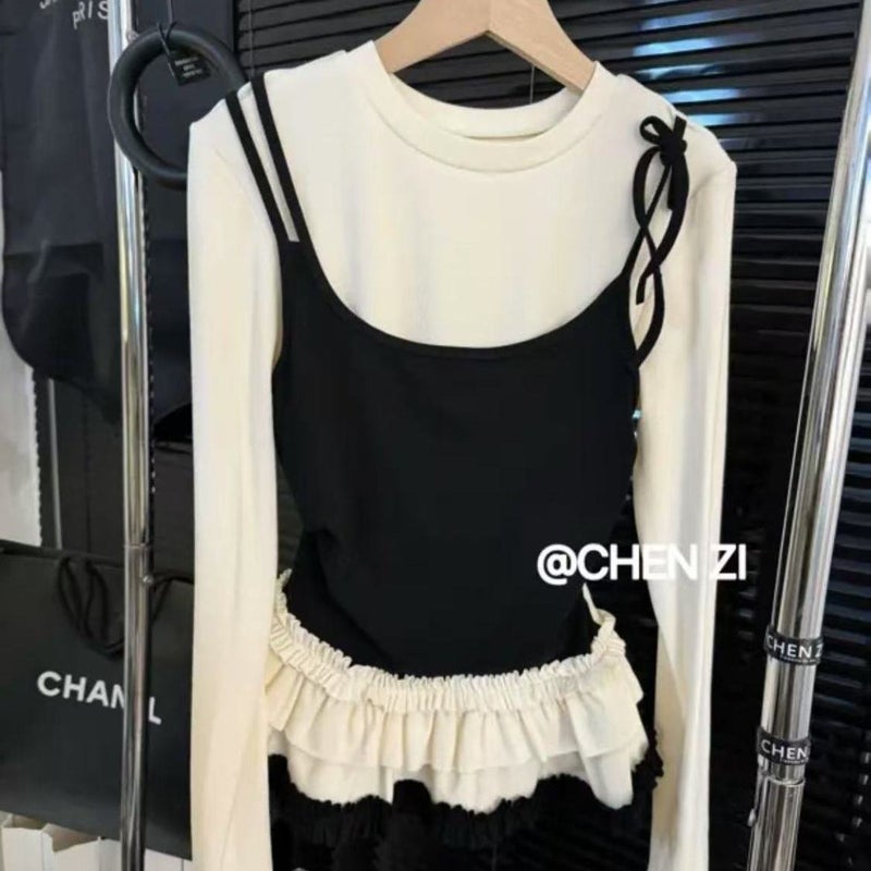 Super-Feel Model Cotton Fake Two-Piece Strap Stitching Contrast Color Fake Two-Piece Slim Outer Wear Korean Style Base Top - Image 1