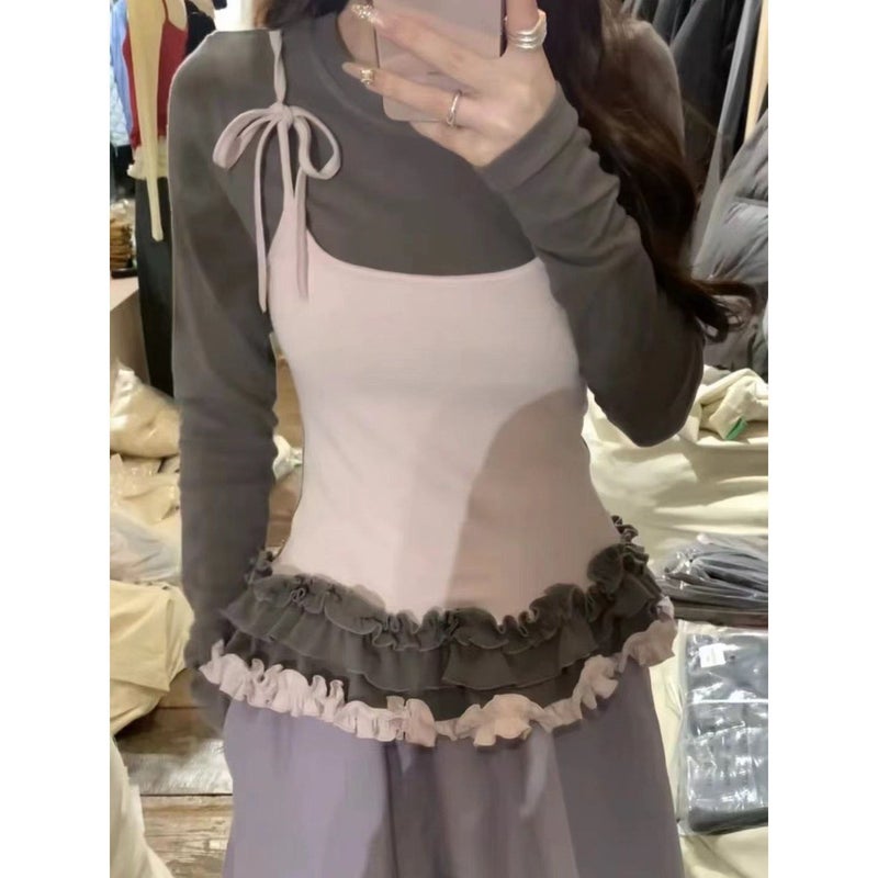 Super-Feel Model Cotton Fake Two-Piece Strap Stitching Contrast Color Fake Two-Piece Slim Outer Wear Korean Style Base Top - Image 5