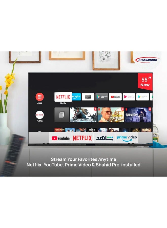 جينيرال جولد تلفزيون جنرال جولد 55 بوصة سمارت أندرويد موديل 2024 Ultra HD 4K| شاشة LED | ذاكرة داخلية 8 جيجابايت | منفذي USB وثلاثة منافذ HDMI | نتفليكس ويوتيوب وبرايم فيديو وشاهد - Image 5