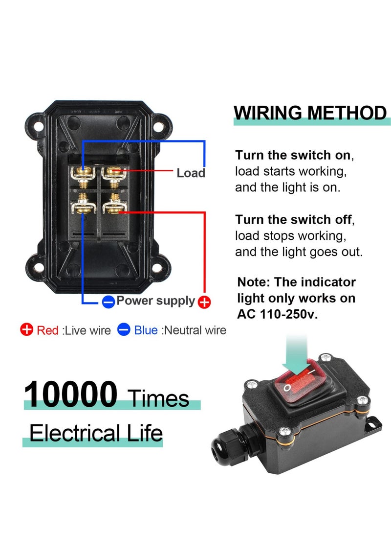 SYOSI Inline Cord Switch DPST AC/DC 20A-125V,16A-250V,30A-24V,35A-12V, IP66 Waterproof On-Off with 2 Red Light Buttons, One-Side Entry & Exit Line, Outdoor Electrical Start Stop Toggle Switch - Image 5