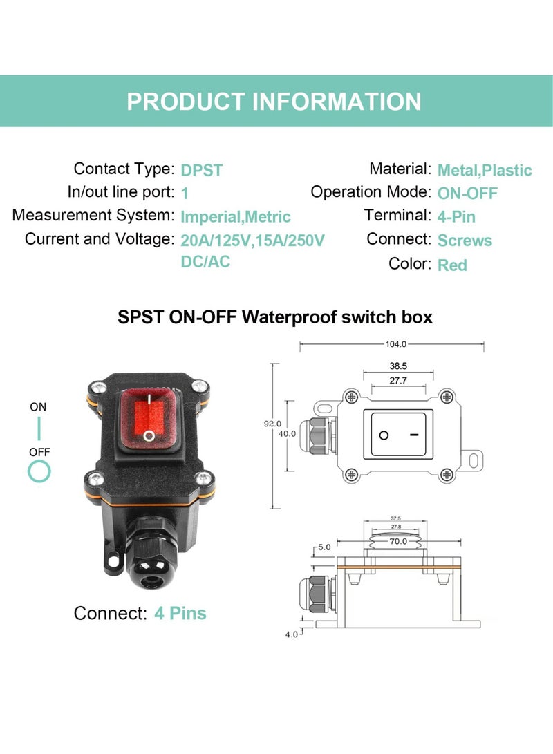 SYOSI Inline Cord Switch DPST AC/DC 20A-125V,16A-250V,30A-24V,35A-12V, IP66 Waterproof On-Off with 2 Red Light Buttons, One-Side Entry & Exit Line, Outdoor Electrical Start Stop Toggle Switch - Image 4