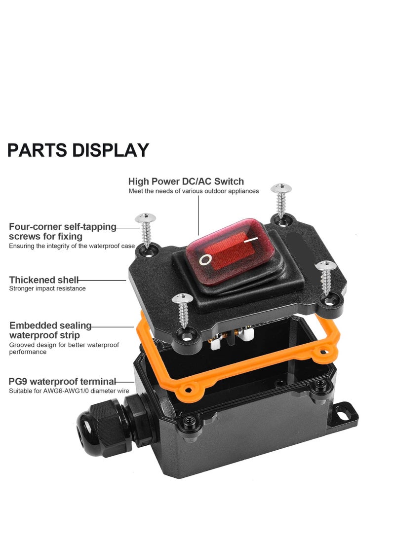 SYOSI Inline Cord Switch DPST AC/DC 20A-125V,16A-250V,30A-24V,35A-12V, IP66 Waterproof On-Off with 2 Red Light Buttons, One-Side Entry & Exit Line, Outdoor Electrical Start Stop Toggle Switch - Image 3