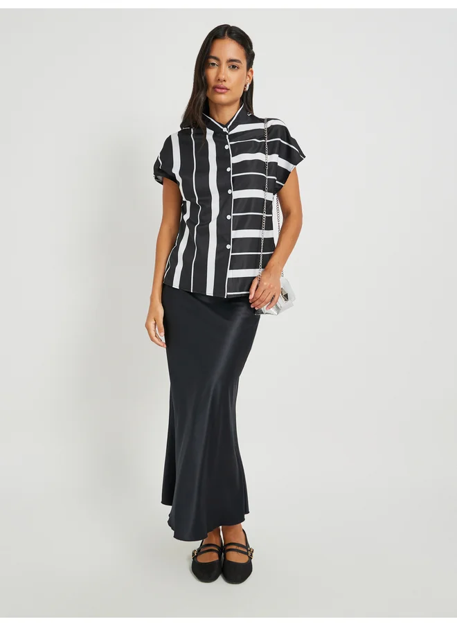 تايك تو Take Two Striped Stand Collar Short Sleeve Buttoned Top