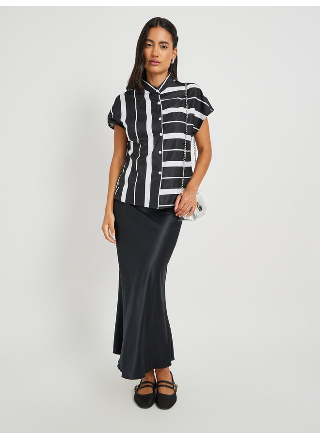 Take Two Take Two Striped Stand Collar Short Sleeve Buttoned Top  - Image 2