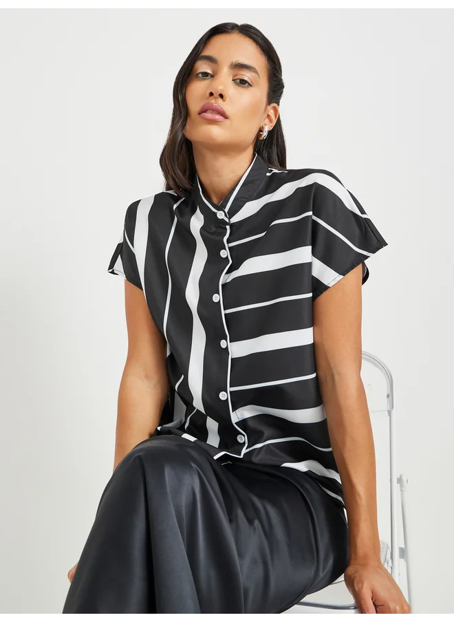 تايك تو Take Two Striped Stand Collar Short Sleeve Buttoned Top