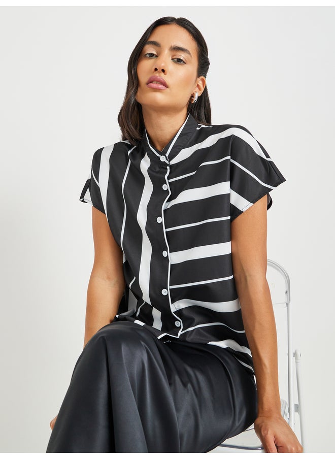 Take Two Take Two Striped Stand Collar Short Sleeve Buttoned Top  - Image 1