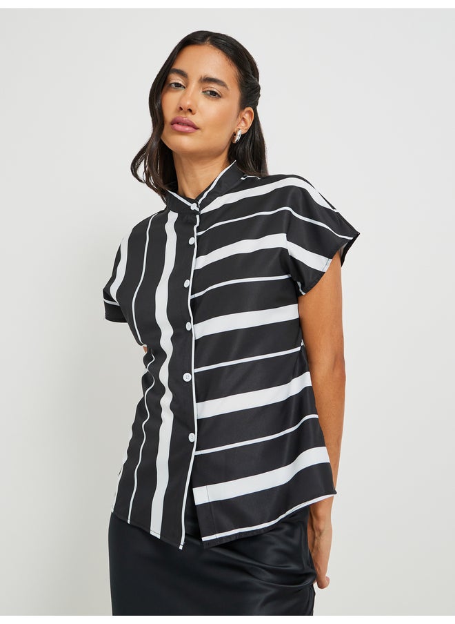 Take Two Take Two Striped Stand Collar Short Sleeve Buttoned Top  - Image 3