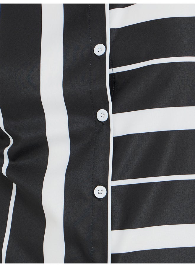 Take Two Take Two Striped Stand Collar Short Sleeve Buttoned Top  - Image 4
